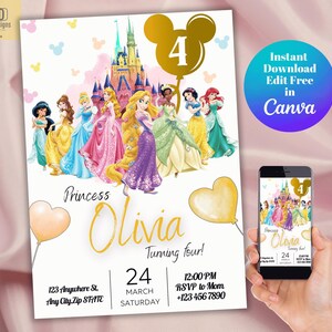 Convites para aniversariantes, Cartão de convite mágico para aniversário de princesa, Modelo de convite editável para aniversário de princesa, Aniversário de meninas para imprimir no Canva