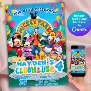 Convite de aniversário do Mickey Mouse, cartão de aniversário da Casa do Mickey, modelo de convite editável para festa de amigos do Mickey no Canva, cartão da Disney para imprimir