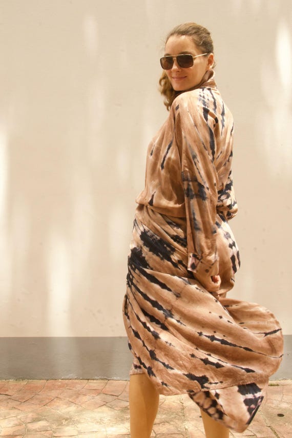 Brown Tie Dye Shirt Dress | Boho Loose Fit Tunic | Handmade Cotton Maxi Dress | Summer Beachwear | Vacation Outfit |
