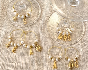 Custom Wine Glass Initial Charms, Bachelorette Gifts, Bridal Party Gifts, Coastal Bachelorette, Pearl Wine Charm