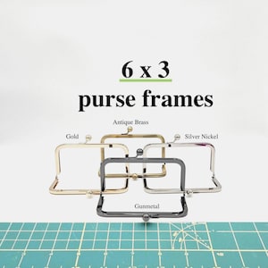 May include: An assortment of purse frames in gold, antique brass, silver nickel, and gunmetal finishes. The image includes text that reads "6 x 3 purse frames."