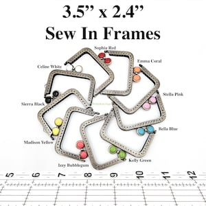 May include: A collection of sew-in frames in various colors, including black, white, yellow, red, coral, pink, blue, and green. The frames are approximately 3.5 inches by 2.4 inches and feature decorative metalwork. The text "Sew In Frames" is displayed at the top.