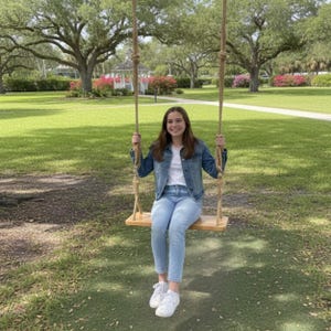 May include: A wooden swing with rope supports hangs from a tree. A person is sitting on the swing, wearing a denim jacket, white shirt, and light blue jeans. The background features a green lawn, trees, and a gazebo.