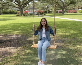 Wooden Tree Swing , Heavy-Duty 500lb Capacity with Adjustable Hemp Rope & Extension Straps