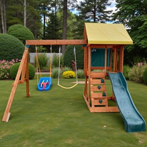 May include: Wooden playset with a yellow canopy, green slide, and blue swing set. The playset includes a climbing wall with green handholds and a chalkboard with the letters "ABC". The structure is set on a green lawn.