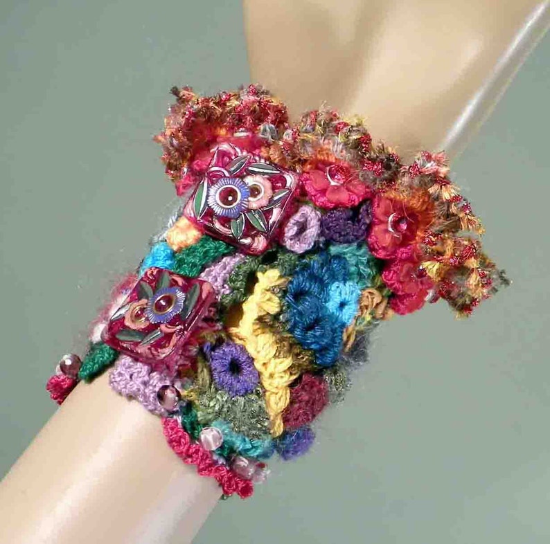 Textured Crewel ELEGANT BRACELETCUFF Freeform Crochet Exquisitely Beaded Hand Embroidered Fiber Art Jewelry As It/'s Finest Sale