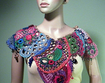 EPAULETTED SHOULDERETTE/CAPLET - Wearable Fiber Art As It's Finest, Freeform Technique, Raised Crewel, Richly Beaded & Embroidered