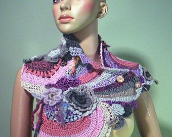 ROMANTIC SCARFLETTE/SHOULDERETTE - Fiber Art As It's Finest, Freeform Technique, Hand Crafted Embellishments, Raised Textured Crewel