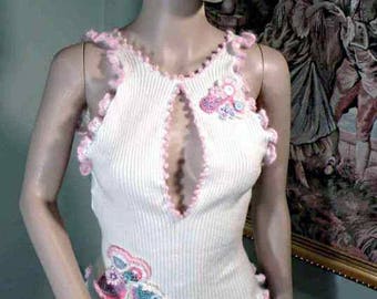 CHIC & FEMININE TANKTOP - Wearable Fiber Art. Freeform Crochet Embellishments