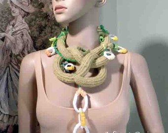 Blowout Sale - PORTUGUESE NECKLACE/LARIAT - Fiber Art Jewelry as It's Finest, Irish Lace Motif, Freeform Crochet Technique