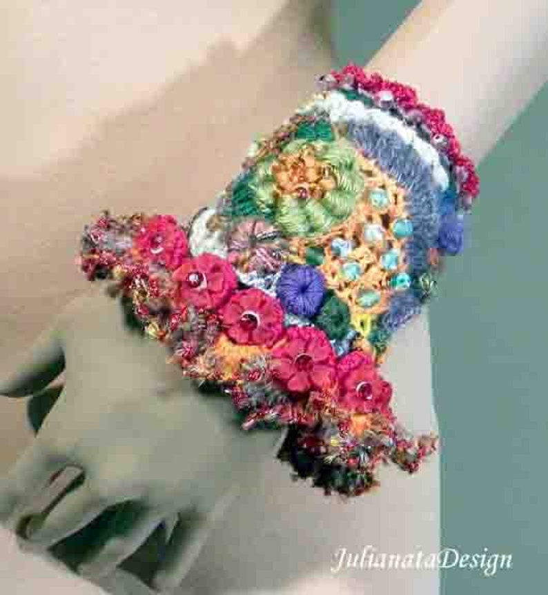 Textured Crewel ELEGANT BRACELETCUFF Freeform Crochet Exquisitely Beaded Hand Embroidered Fiber Art Jewelry As It/'s Finest Sale