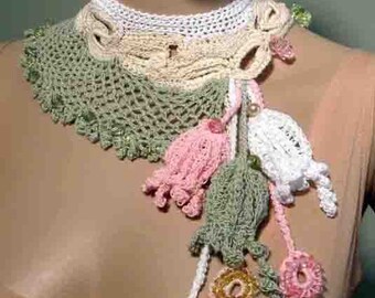 VINTAGE INSPIRED NECKLACE - Fiber Art Jewelry As It's Best, Old Irish Lace Motif, Raised Textured Crewel