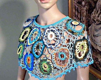 AQUA DREAM PELERINE - Wearable Fiber Art As It's Finest, Richly Embellished, Freeform Crochet Technique