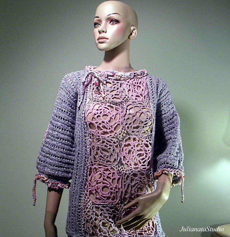 Top Quality Italian Materials ELEGANT SWEATERBLOUSE Wearable Fiber Art As It/'s Finest Blowout Sale Freeform Crochet Technique