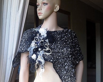 VERSATILE LOOSEKNIT SHOULDERPIECE - Poncho/Shawl/Caplet - Fiber/Textile Art as It's Finest, Richly Embellished