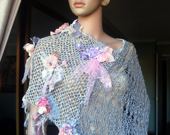 VERSATILE LOOSEKNIT SHOULDERPIECE - Poncho/Shawl/Caplet - Fiber/Textile Art as It's Finest, Richly Embellished