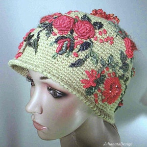 CLOCHE AS ARTFORM - Wearable Fiber Art Headpiece, La Belle Epoque, Retro Style, Raised Crewel Hand Embroideries