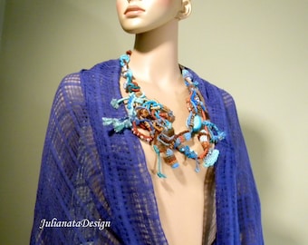 Blowout Sale - ADRIATIC CONTEMPORARY NECKLACE - Fiber Art Jewelry as It's Finest, Richly Embellished & Jeweled, Adjustable Length