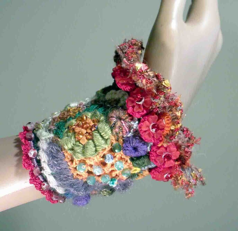 Textured Crewel ELEGANT BRACELETCUFF Freeform Crochet Exquisitely Beaded Hand Embroidered Fiber Art Jewelry As It/'s Finest Sale