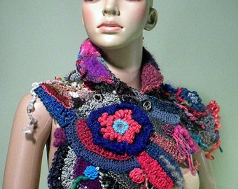 ROMANTIC SCARFLETTE/SHOULDERETTE - Wearable Fiber Art As It's Finest, Freeform Crochet Technique, Raised Textured Crewel