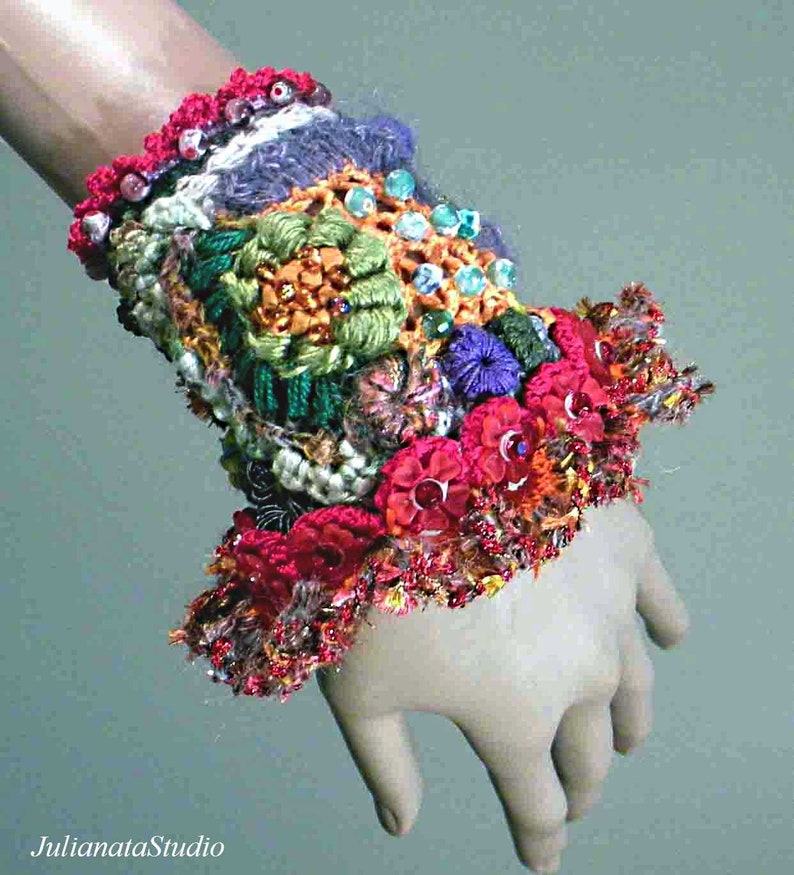 Textured Crewel ELEGANT BRACELETCUFF Freeform Crochet Exquisitely Beaded Hand Embroidered Fiber Art Jewelry As It/'s Finest Sale
