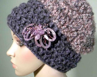 SLOUCHY BEANIE/HAT - Retro Style High Crown, Fiber Art Headpiece, Handcrafted Brooch, Unsurpassed Quality Yarn