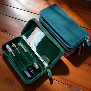 Crazy Horse Leather Pen Case – Fountain Pen Organizer & Travel Holder, Rustic Handmade Storage Pouch, Gift for Him, Writer, or Christmas