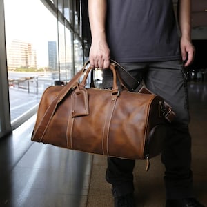 Full Grain Leather Retro Men&#39;s Travel Bag | Weekender Duffel with Shoe Compartment | Vintage Overnight Bag | Carry-On Luggage for Men