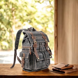 Sac à dos de voyage imperméable vintage en toile cirée et cuir | Cartable rétro | Sac à dos durable pour ordinateur portable | Sac de travail élégant, universitaire, de randonnée