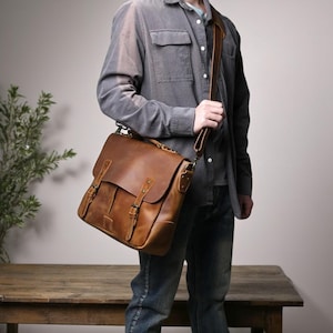 Men&#39;s Vintage Leather Briefcase | Genuine Leather Travel Messenger Bag | Stylish Business Laptop Bag for Work, Office & Daily Commute