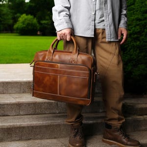 Maletín retro de piel de grano completo hecho a mano / Bolso para portátil de piel de vacuno de gran capacidad para hombre y mujer / Bolso bandolera de negocios vintage