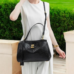 Black Leather Top Handle Bag for Women | Elegant Large Capacity Tote Shoulder Handbag | Classic Purse for Office, Work, Travel, Shopping