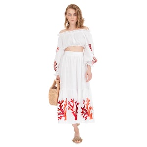 Linen summer embroidered white suit, crop top and midi skirt set