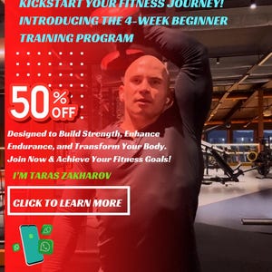 Könnte beinhalten: Ein Mann in einem schwarzen Shirt hebt Gewichte in einem Fitnessstudio. Der Text auf dem Bild lautet "My Sports and I", "Kickstart Your Fitness Journey! Introducing the 4-Week Beginner Training Program", "50% Off", "Designed to Build Strength, Enhance Endurance, and Transform Your Body. Join Now & Achieve Your Fitness Goals! I'm Taras Zakharov", und "Click to Learn More".