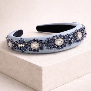 Eleganter blauer Haarreif mit Kristallen | Statement-Haarreif für Geburtstag |Brauthaarschmuck | Glamouröses Statement Accessoire für Taufe