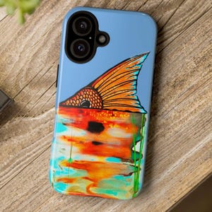 Redfish Tail iPhone 16 Hülle benutzerdefinierte digitale Kunst Spiegelung Design Photoshop Fisch Kunst Küsten Geschenk für ihn Naturliebhaber Ozean Handyabdeckung 25
