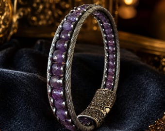 Amethyst Hematite Bracelet Handmade Natural Stone Jewelry Unisex Gift Minimalist Everyday Wear