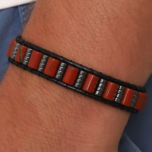 Red Jasper Bracelet for Men – Handmade Gemstone Jewelry with Hematite Accents – Grounding Energy Gift for Him, Dad, or Husband