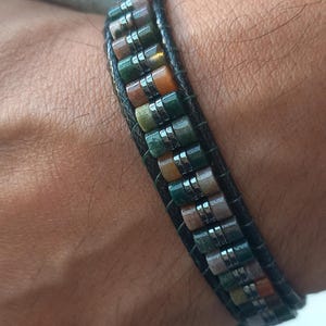 Men&#39;s Indian Agate Hematite Bracelet: Handmade Leather Beaded Jewelry