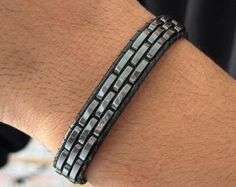 Mens Bracelet: Hematite Stone with Leather Detail, Handmade Minimalist Natural Jewelry