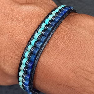 Turquoise Lapis Lazuli Hematite Bracelet, Natural Stone Leather Bracelet Men, Blue Healing Jewelry, Gift for Him, Boho Mens Bracelet