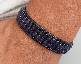 Faceted Amethyst and Hematite Bracelet for Men – Handmade Natural Stone Jewelry