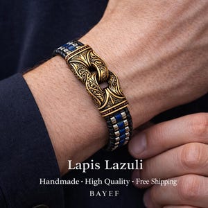 Mens Beaded Bracelet: Lapis Lazuli Hematite with Bronze Detail, Handmade Natural Stone Jewelry