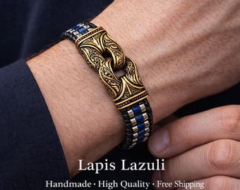 Mens Beaded Bracelet: Lapis Lazuli Hematite with Bronze Detail, Handmade Natural Stone Jewelry