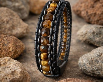 Tiger Eye Hematite Bracelet for Men, Faceted Stone Leather Wristband, Magnetic Clasp, Minimalist Jewelry