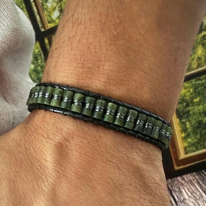 Grönt Jadearmband för Herrar – Läderarmband av Natursten, Läkande Smycken Gåva