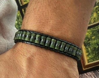Green Jade Bracelet for Men – Natural Stone Leather Bracelet, Healing Jewelry Gift