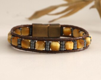 Bracelet oeil de tigre jaune pour homme - Bijoux en pierres précieuses faits main avec des accents d'hématite