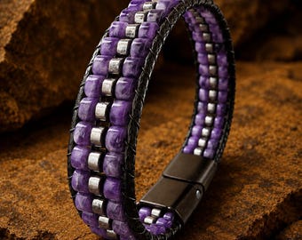 Amethyst Hematite Bracelet for Men Handmade Natural Stone Leather Jewelry Gift Minimalist Spiritual