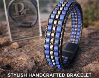 Lapis Lazuli Hematite Mens Bracelet, Natural Stone Beaded, Handmade Wisdom Protection